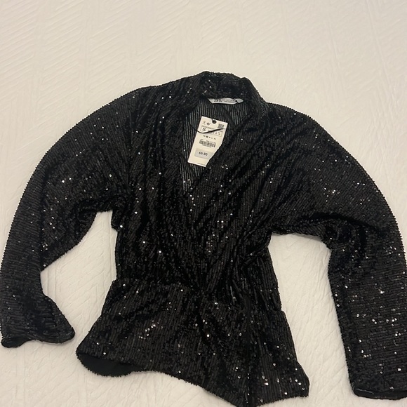 NWT Zara Draped Black Sequin Blouse - Picture 11 of 13